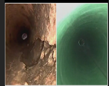 Before and after comparison of a trenchless sewer pipe lining performed by a plumber in San Antonio TX